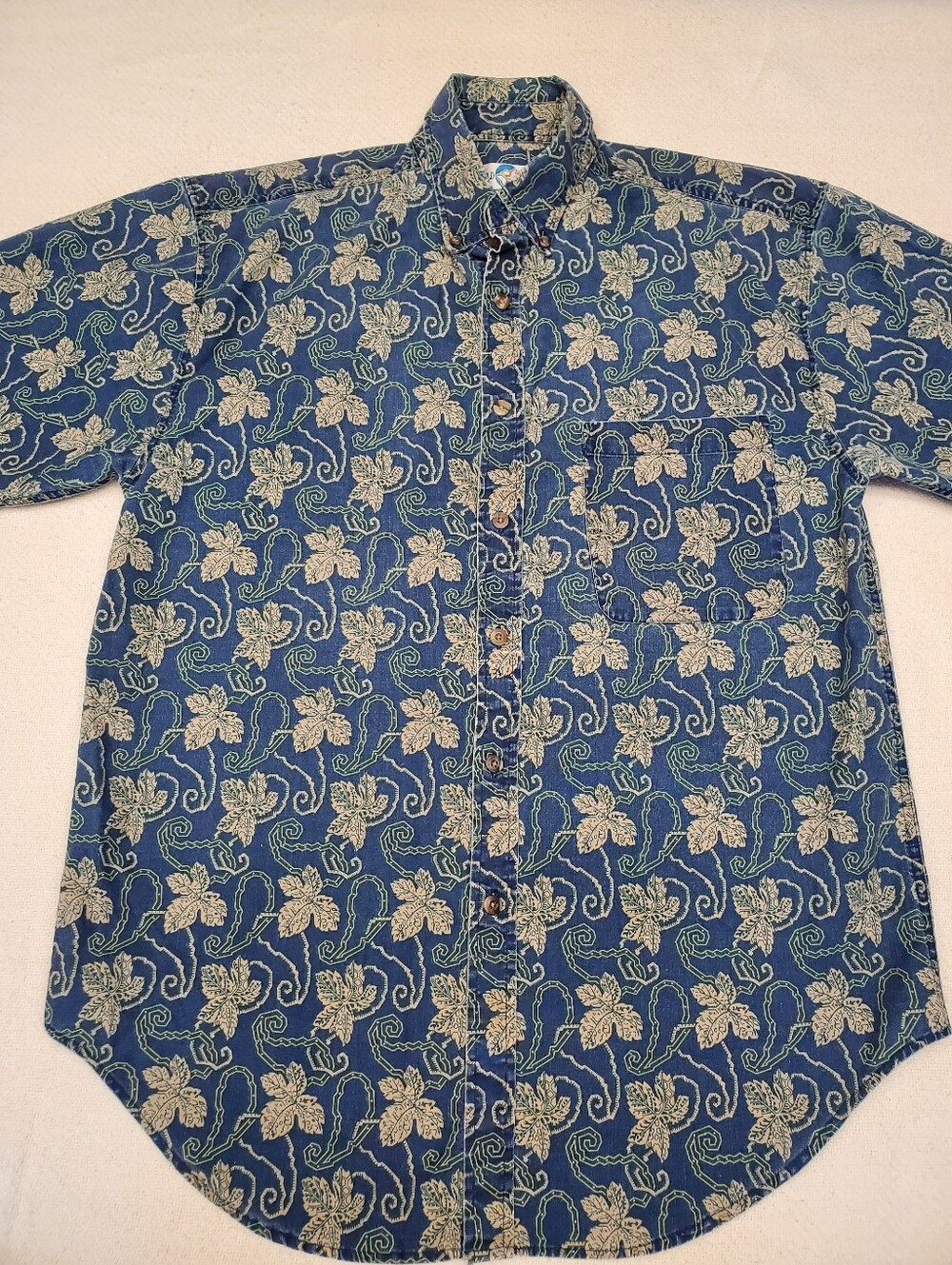 World Island Batik Print Cotton Shirt M Blue Leaf Boho Button Down Kenya